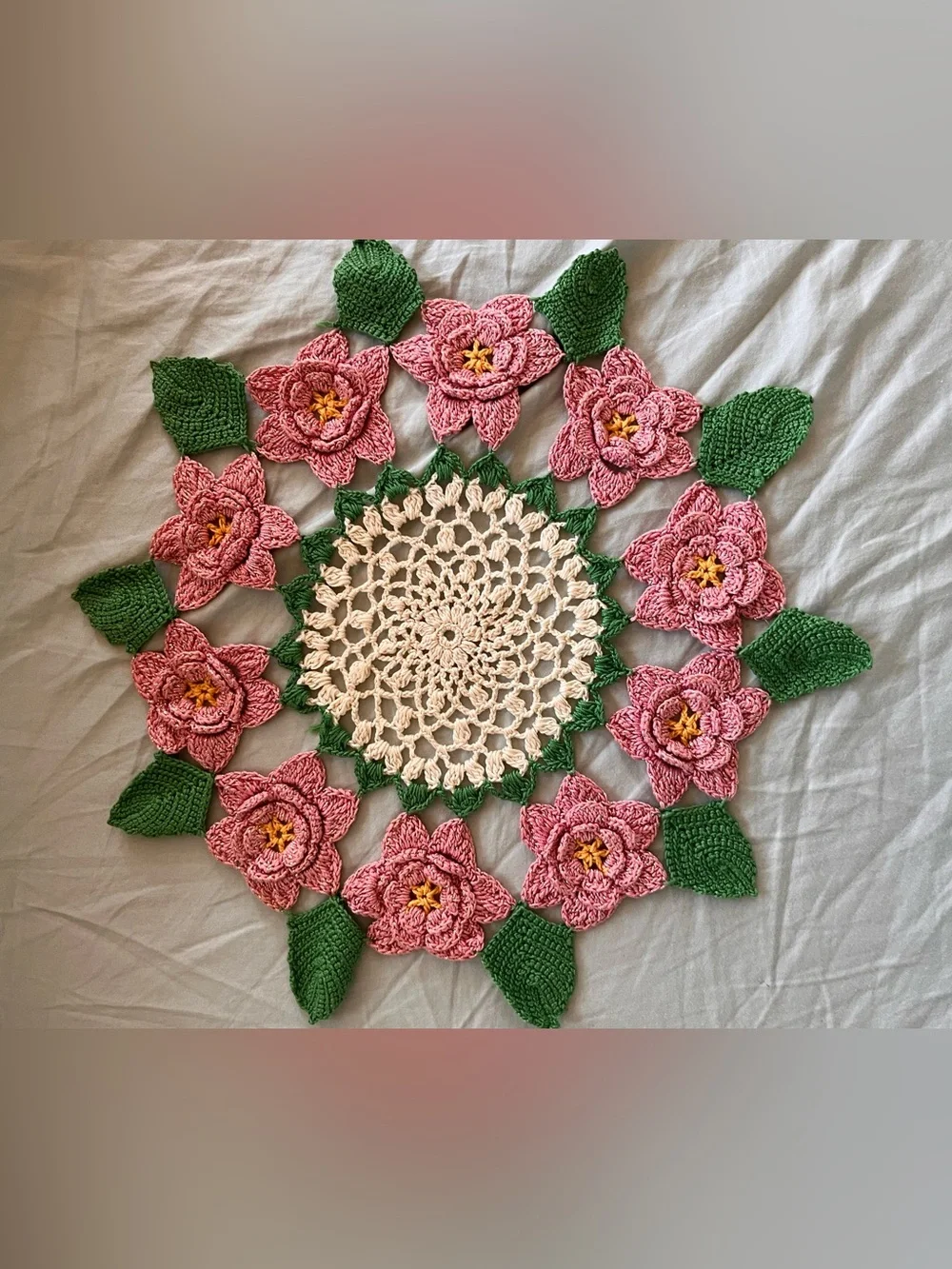 Antique Handmade Crochet Doily - Pink Flower with Green Leaves